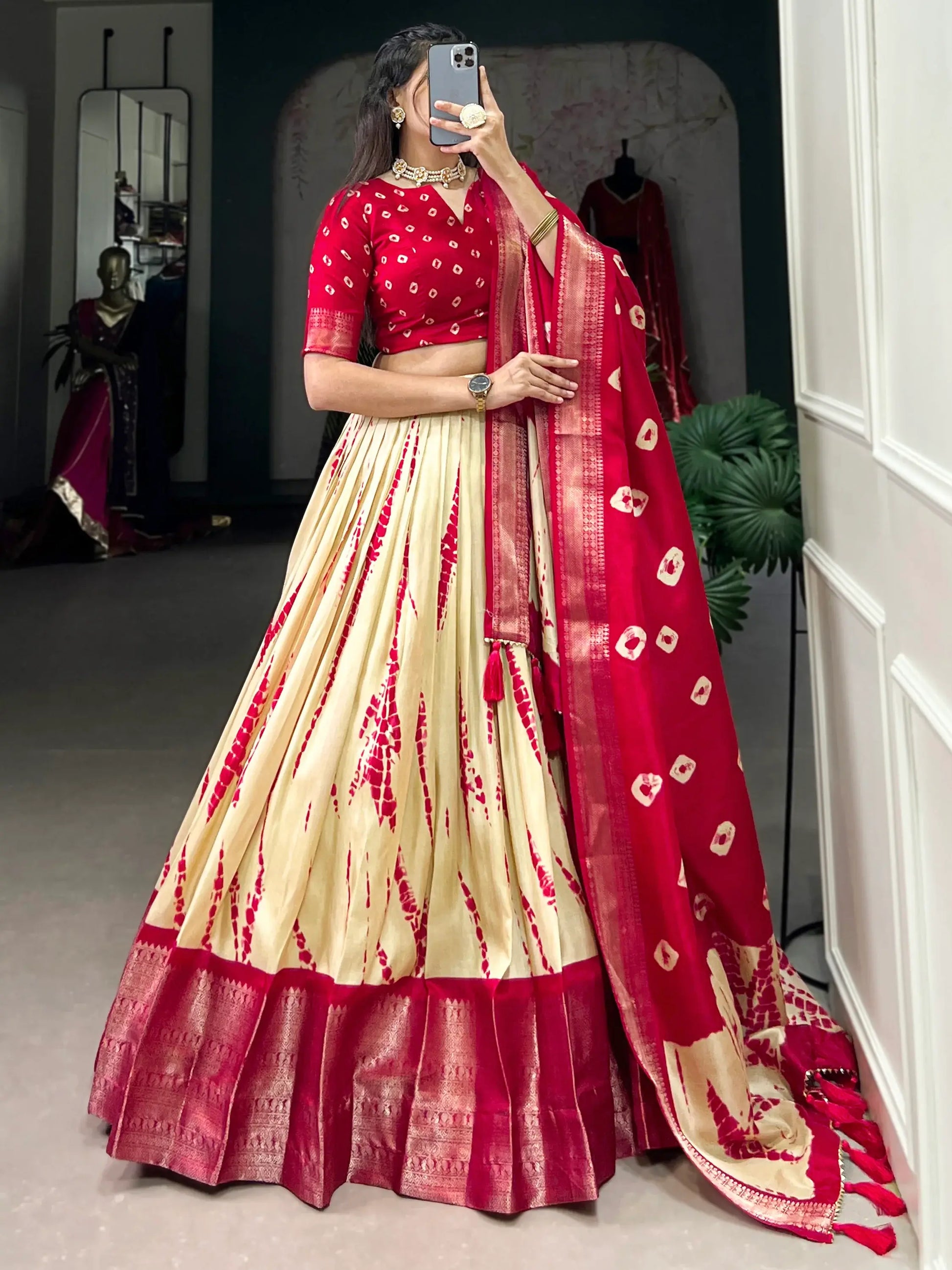 Graceful Red Shibori Printed Dola Silk Festival Wear Lehenga Choli - Zeel Clothing