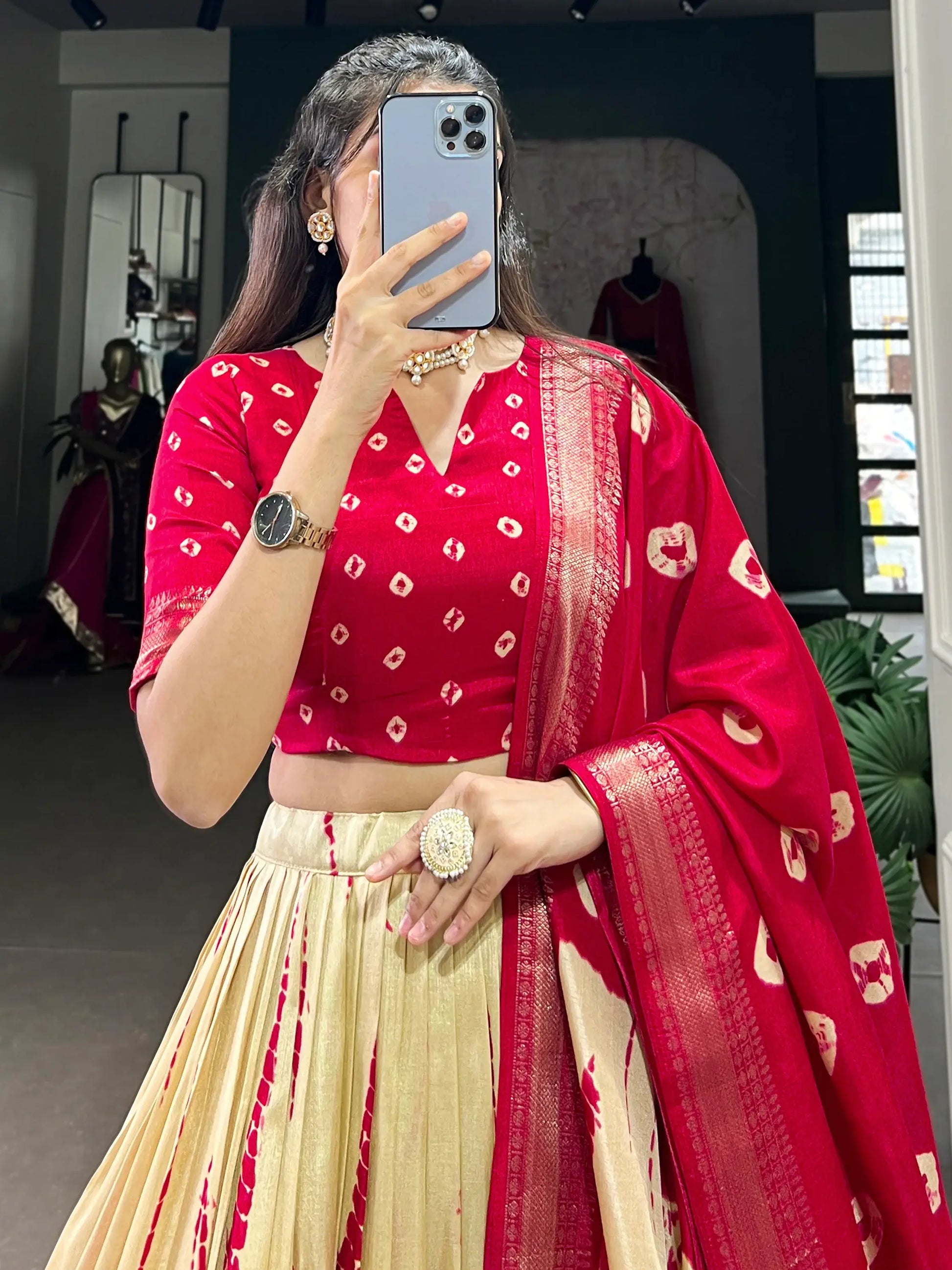 Graceful Red Shibori Printed Dola Silk Festival Wear Lehenga Choli - Zeel Clothing