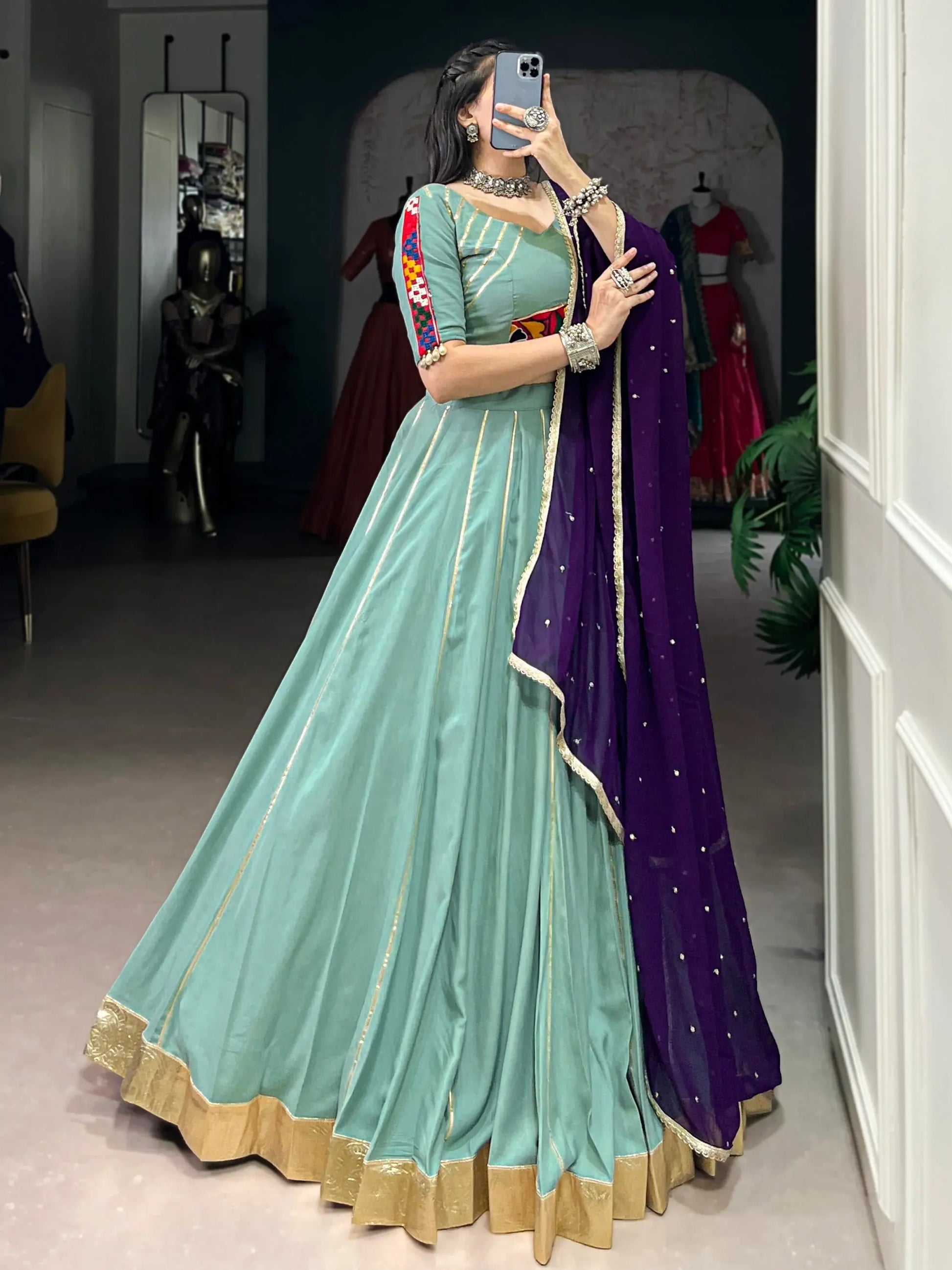 Graceful Sea Green Gamthi Work Rayon Navratri Special Lehenga Choli - Zeel Clothing