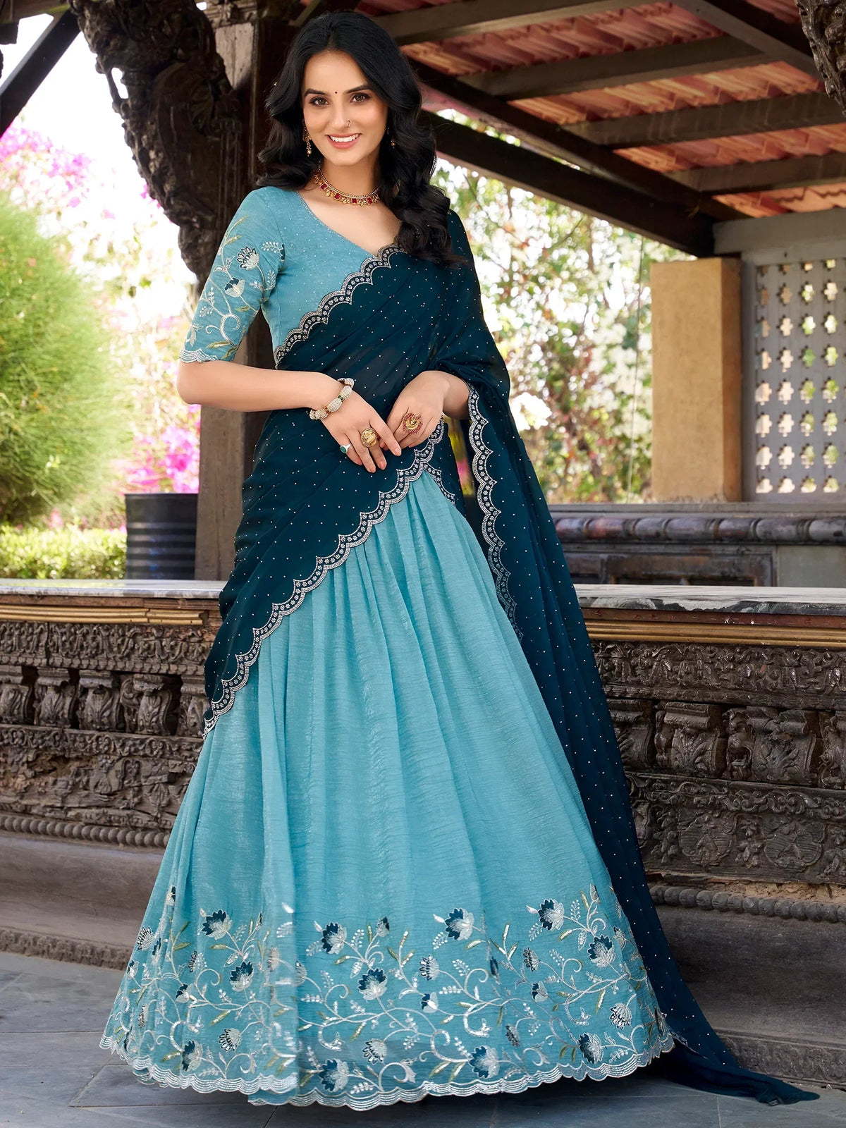 Graceful Sky-Blue Thread Work Organza Event Wear Lehenga Choli - Zeel Clothing