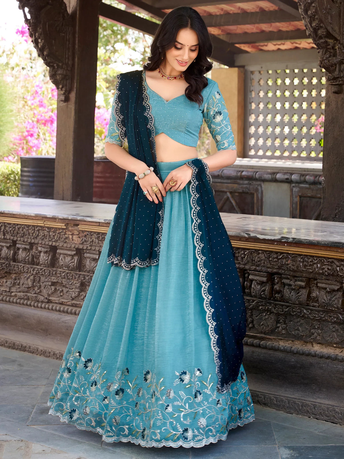 Graceful Sky-Blue Thread Work Organza Event Wear Lehenga Choli - Zeel Clothing