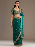 Graceful Teal Green Sequins Work Tissue Engagement Wear Saree With Blouse
