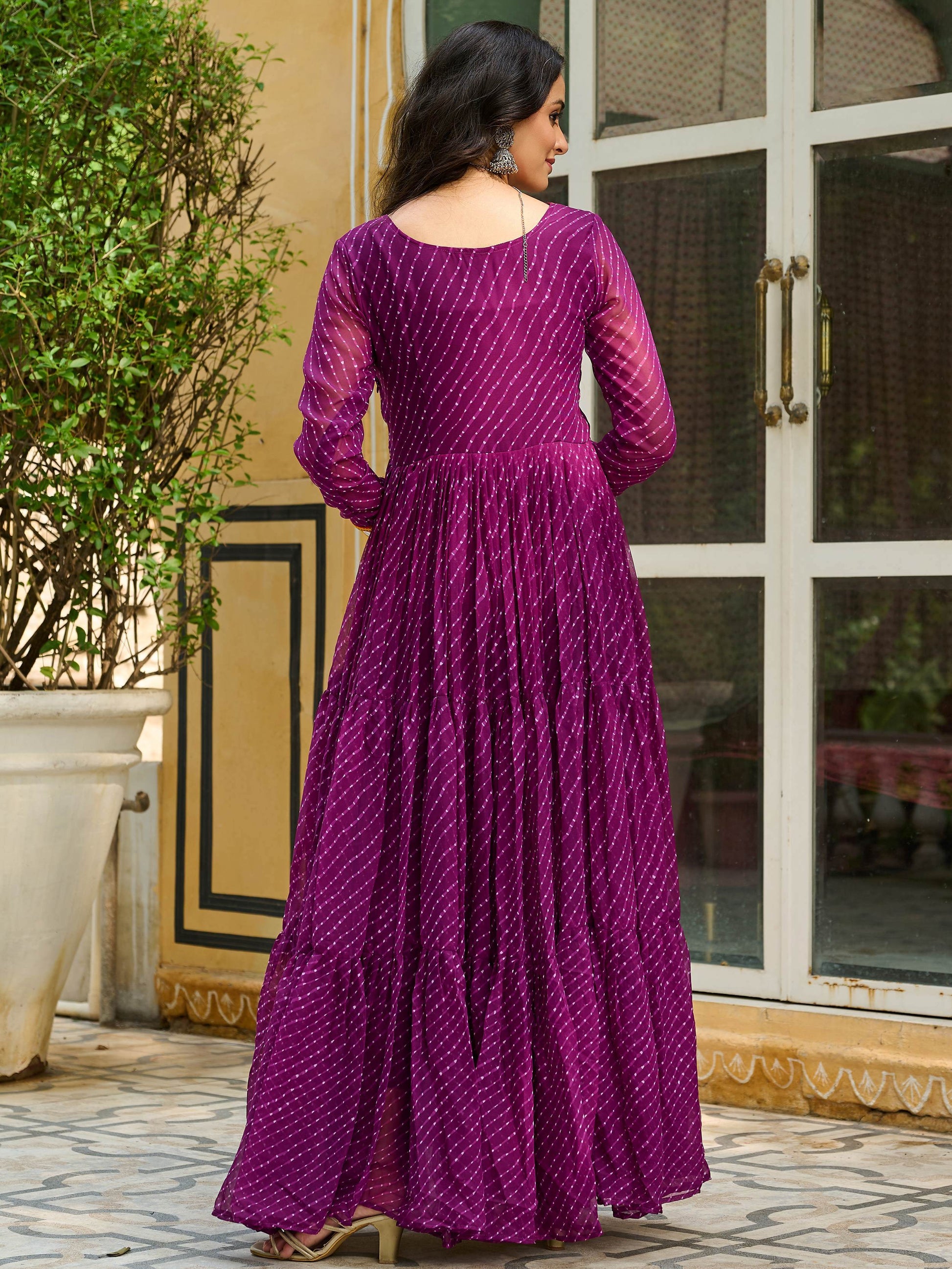 Graceful Wine Laheriya Printed Georgette Navratri Special Gown - Zeel Clothing