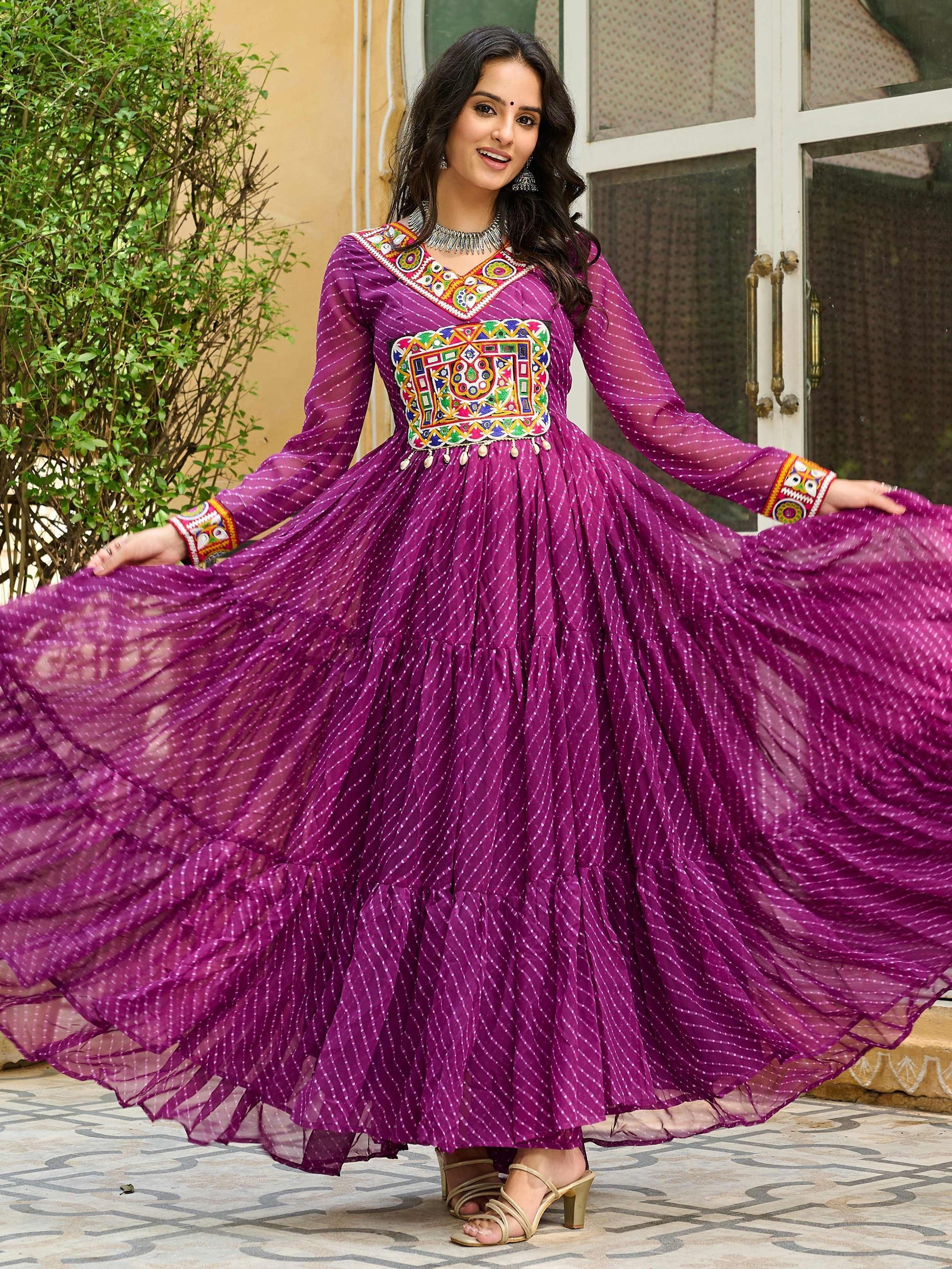 Graceful Wine Laheriya Printed Georgette Navratri Special Gown - Zeel Clothing