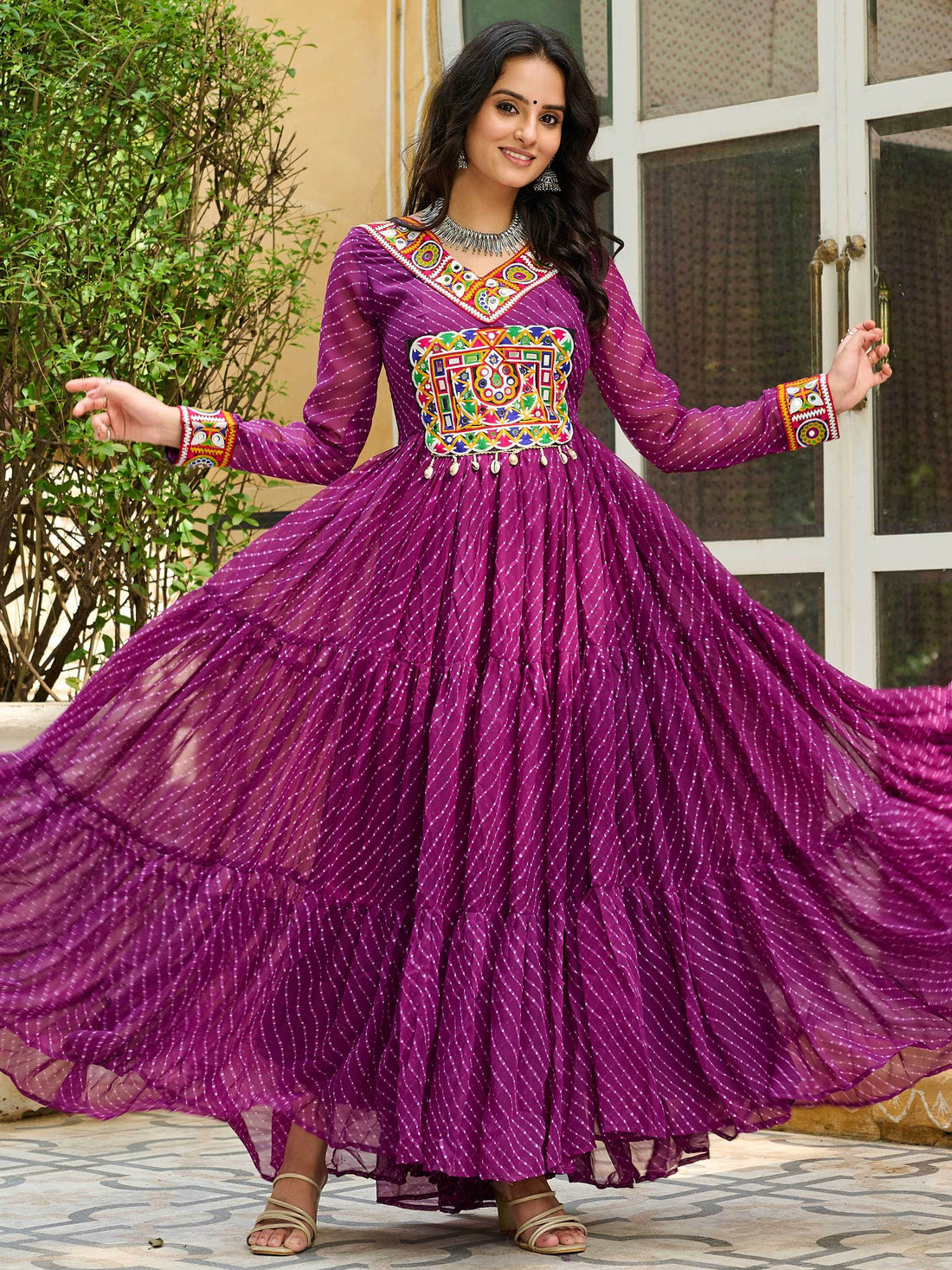 Graceful Wine Laheriya Printed Georgette Navratri Special Gown - Zeel Clothing