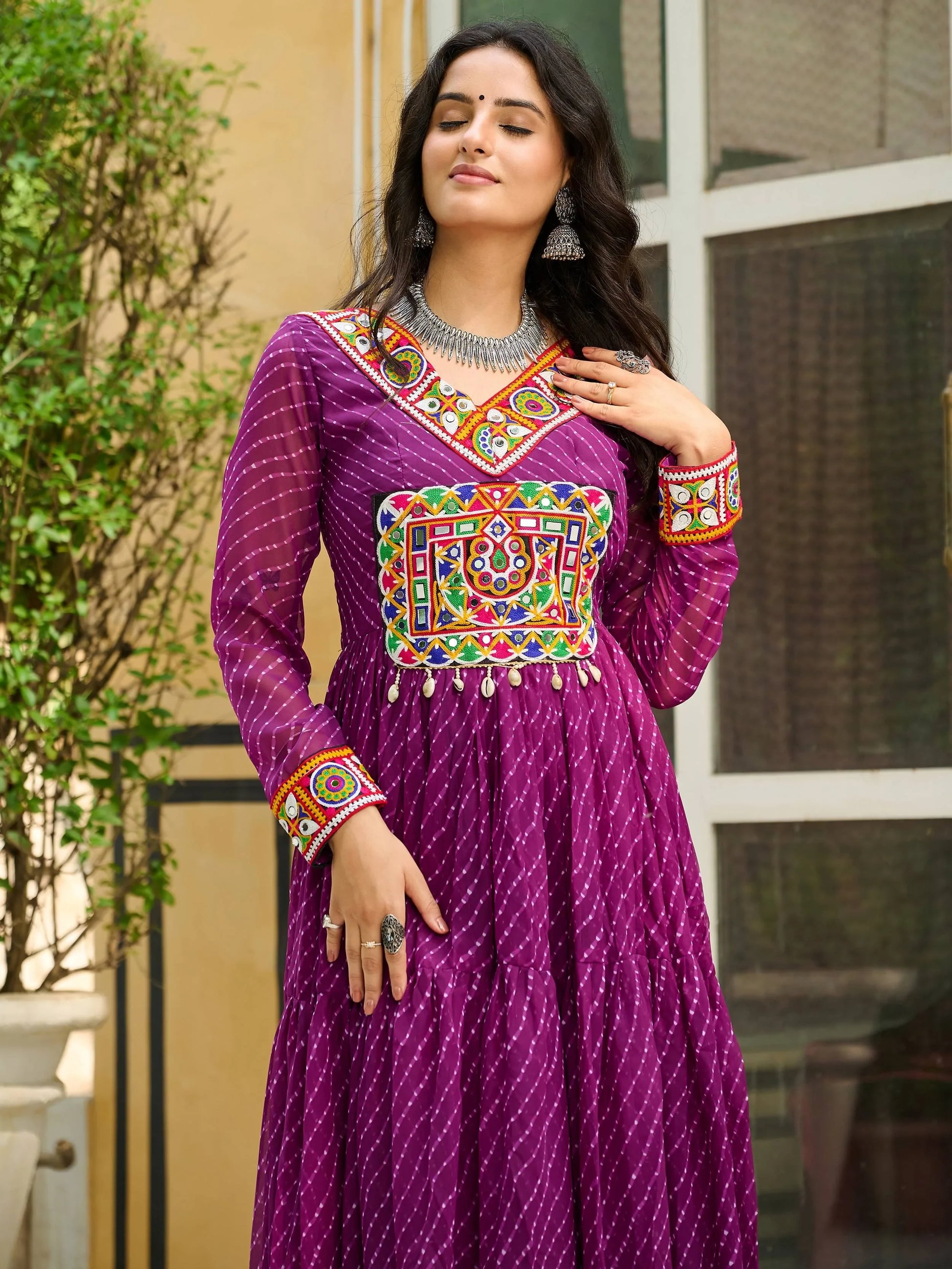 Graceful Wine Laheriya Printed Georgette Navratri Special Gown - Zeel Clothing