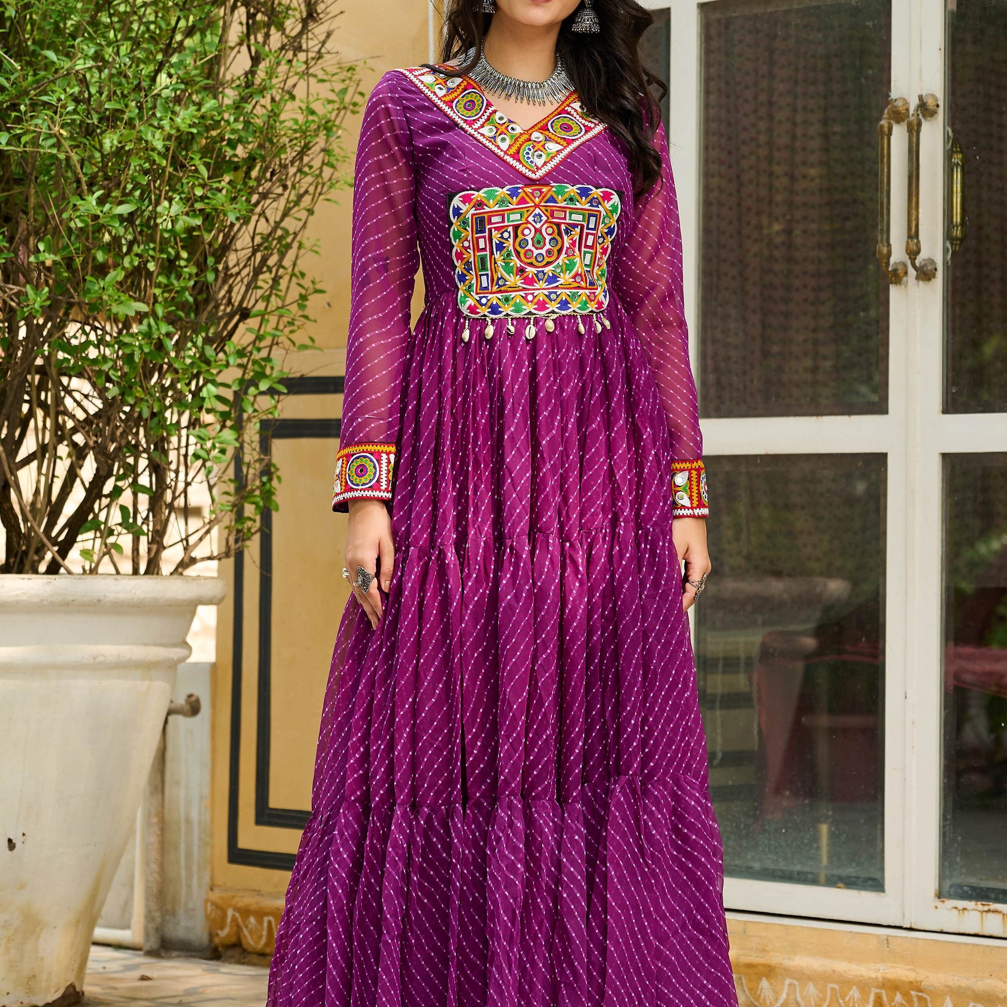 Graceful Wine Laheriya Printed Georgette Navratri Special Gown - Zeel Clothing