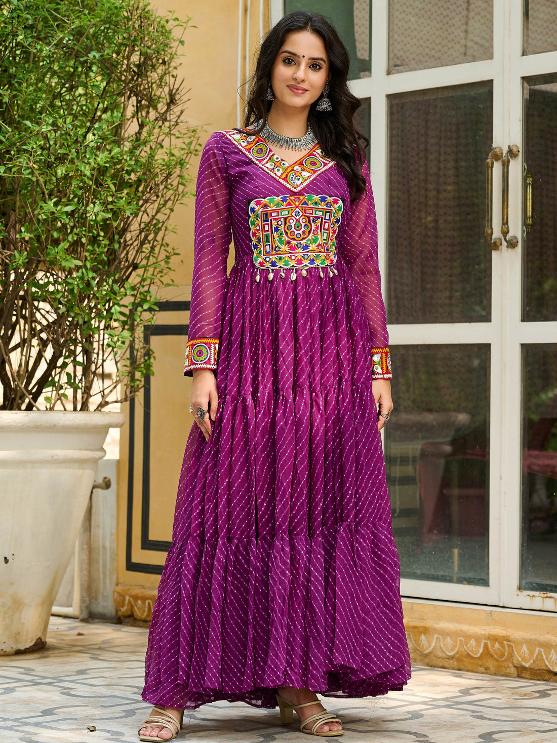 Graceful Wine Laheriya Printed Georgette Navratri Special Gown - Zeel Clothing