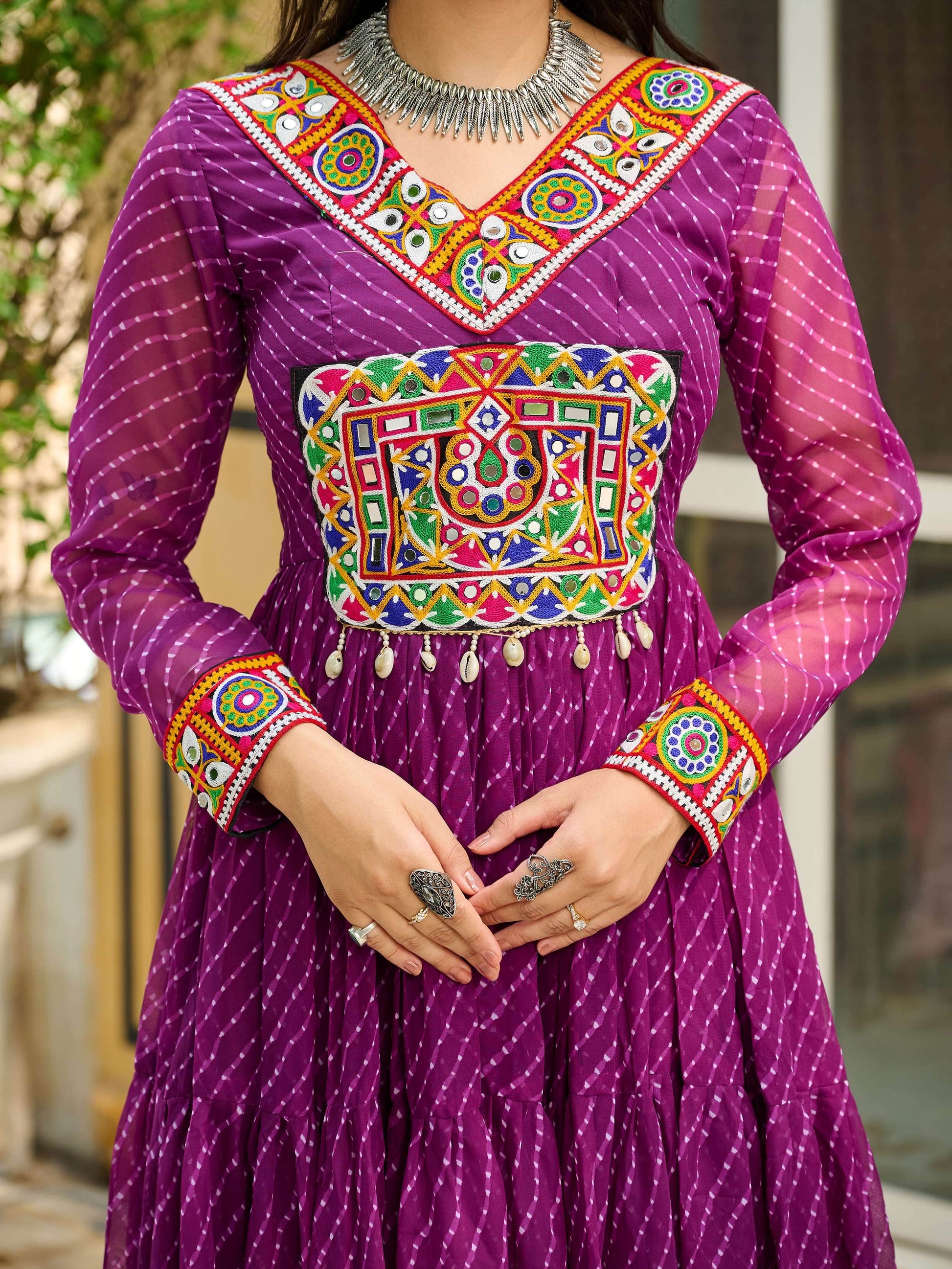 Graceful Wine Laheriya Printed Georgette Navratri Special Gown - Zeel Clothing