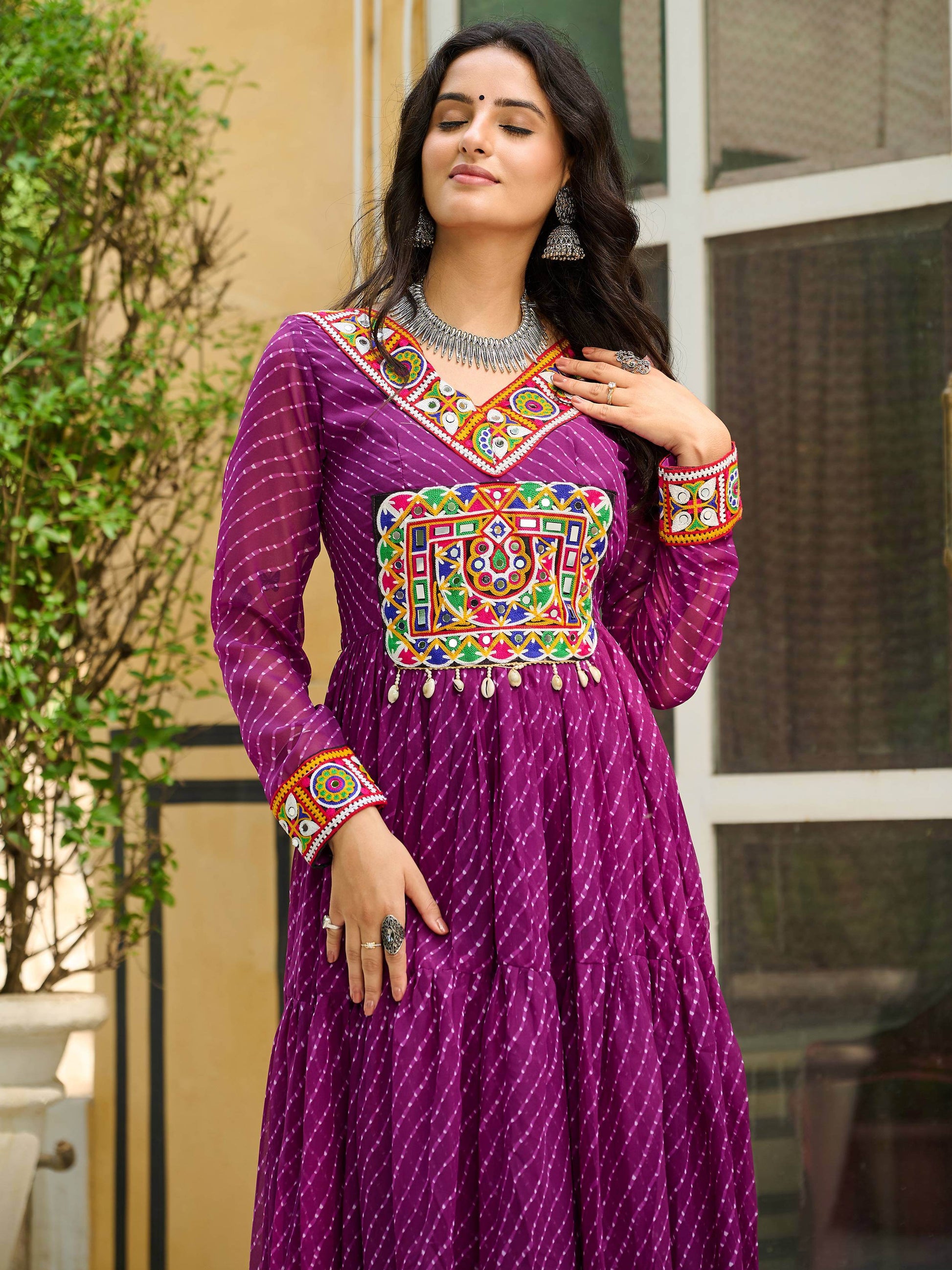 Graceful Wine Laheriya Printed Georgette Navratri Special Gown - Zeel Clothing