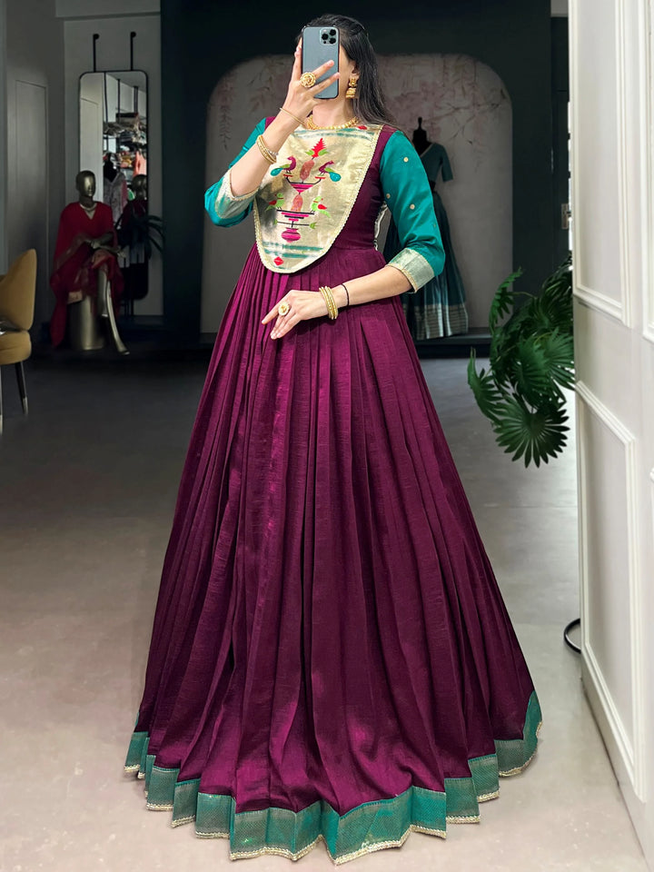 Graceful Wine Zari Weaving  Silk Engagement Wear Gown With Dupatta