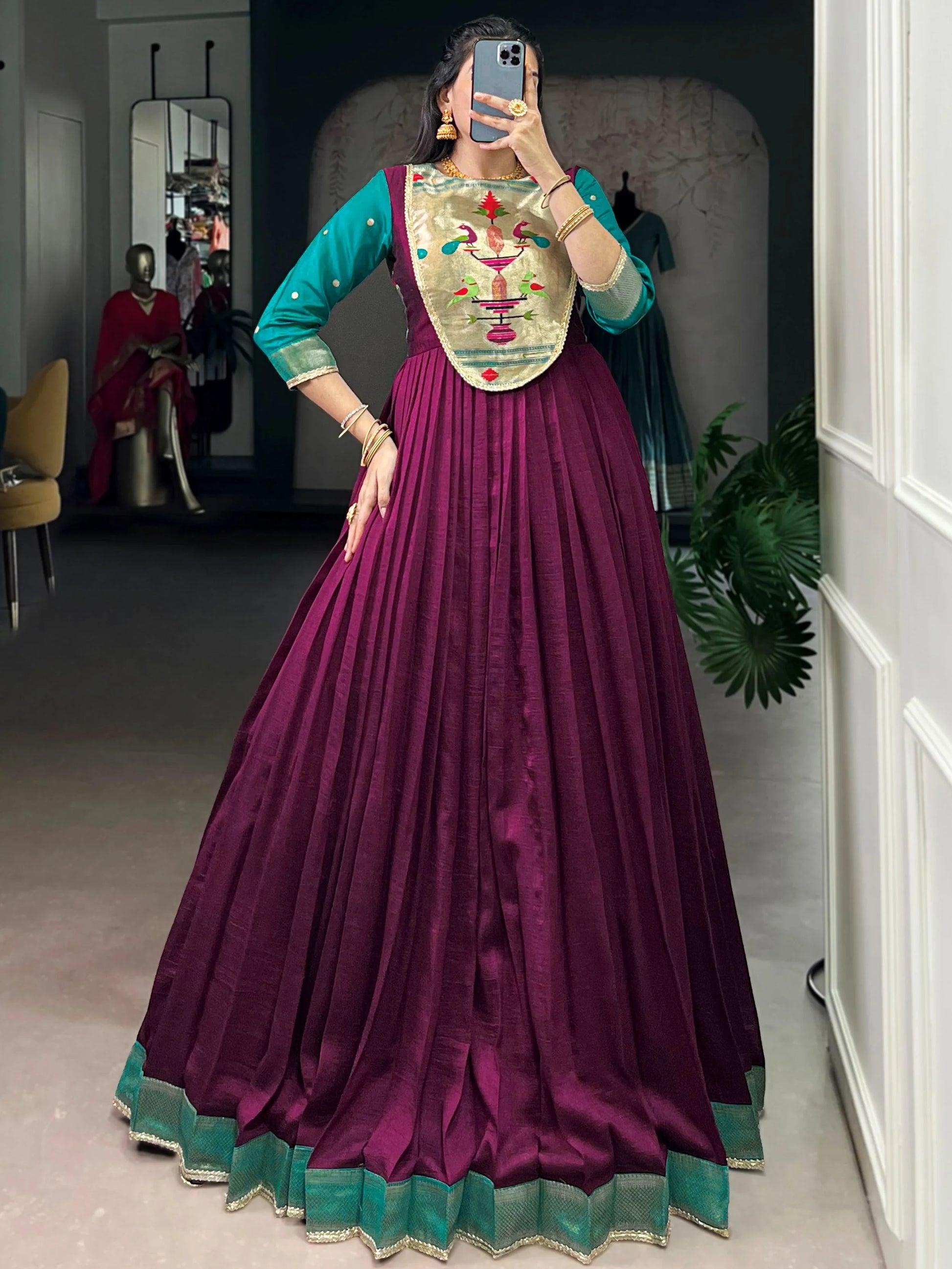 Graceful Wine Zari Weaving  Silk Engagement Wear Gown With Dupatta