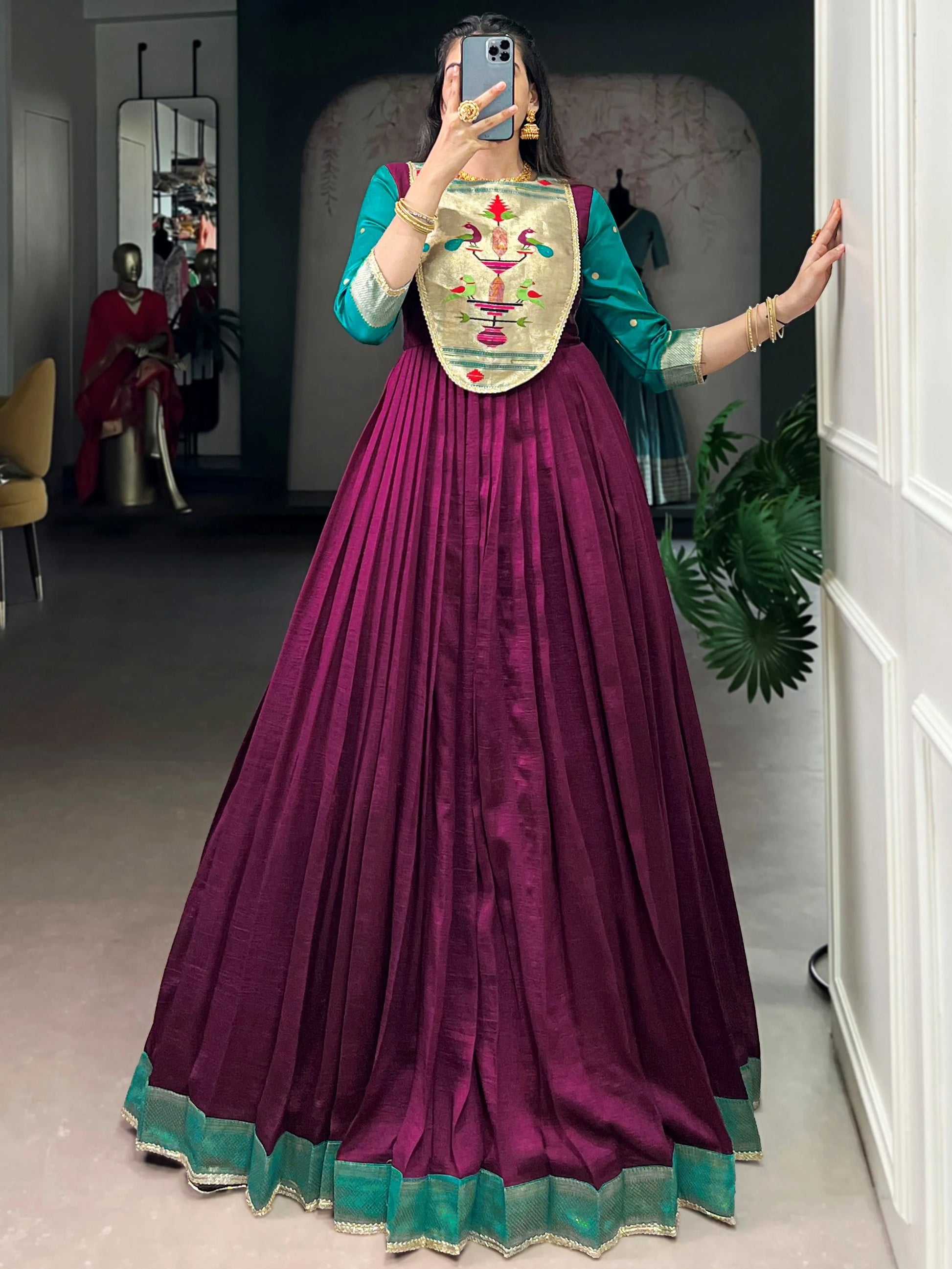 Graceful Wine Zari Weaving  Silk Engagement Wear Gown With Dupatta