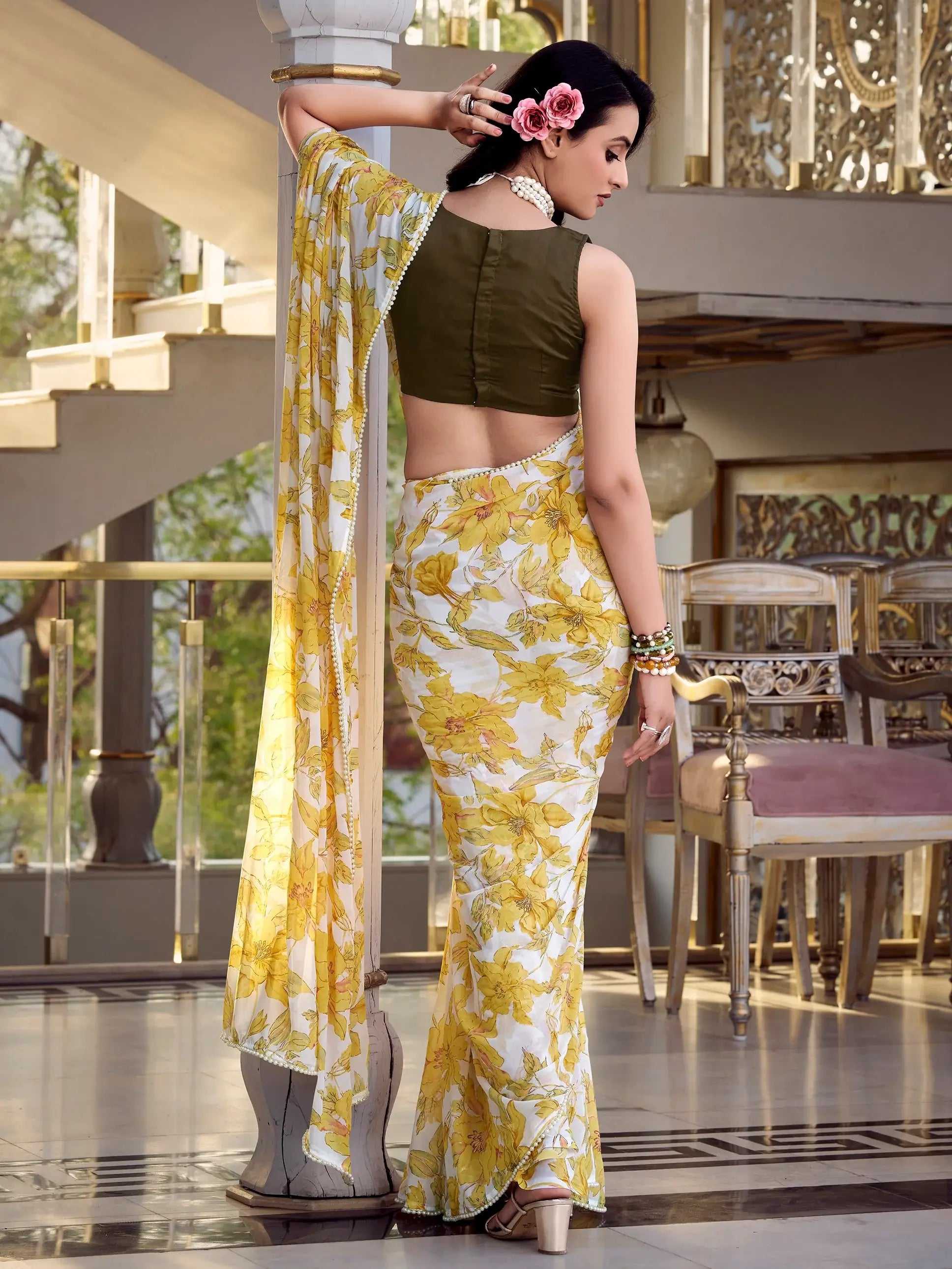 Graceful Yellow Floral Printed Chiffon Traditional Saree With Blouse - Zeel Clothing