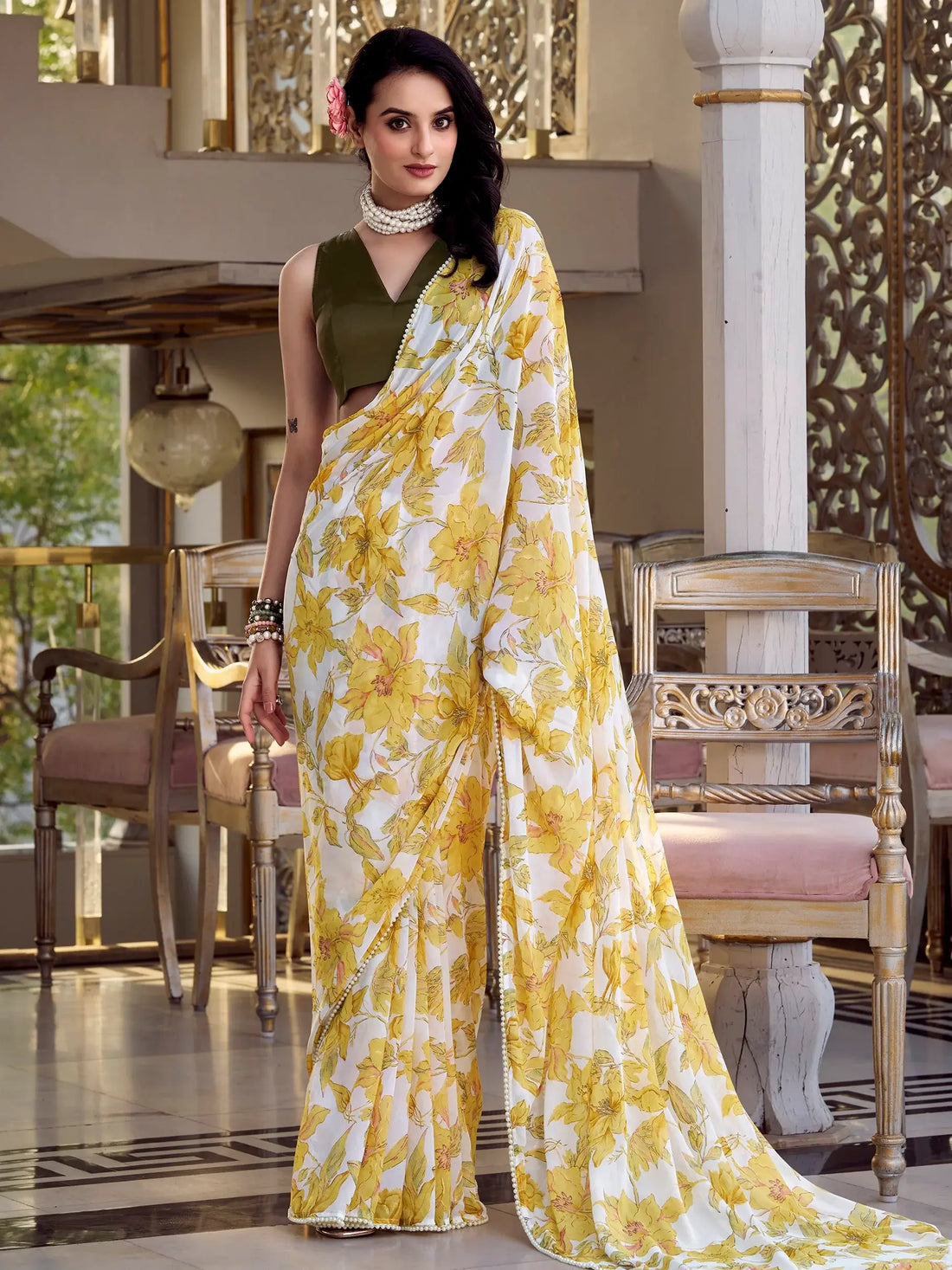 Graceful Yellow Floral Printed Chiffon Traditional Saree With Blouse - Zeel Clothing