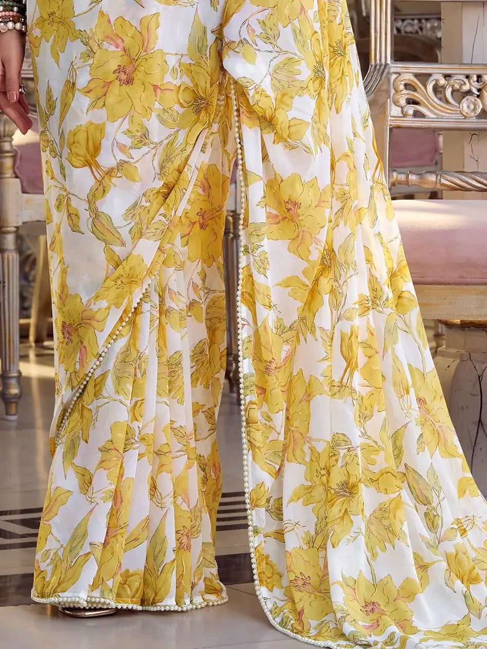 Graceful Yellow Floral Printed Chiffon Traditional Saree With Blouse - Zeel Clothing