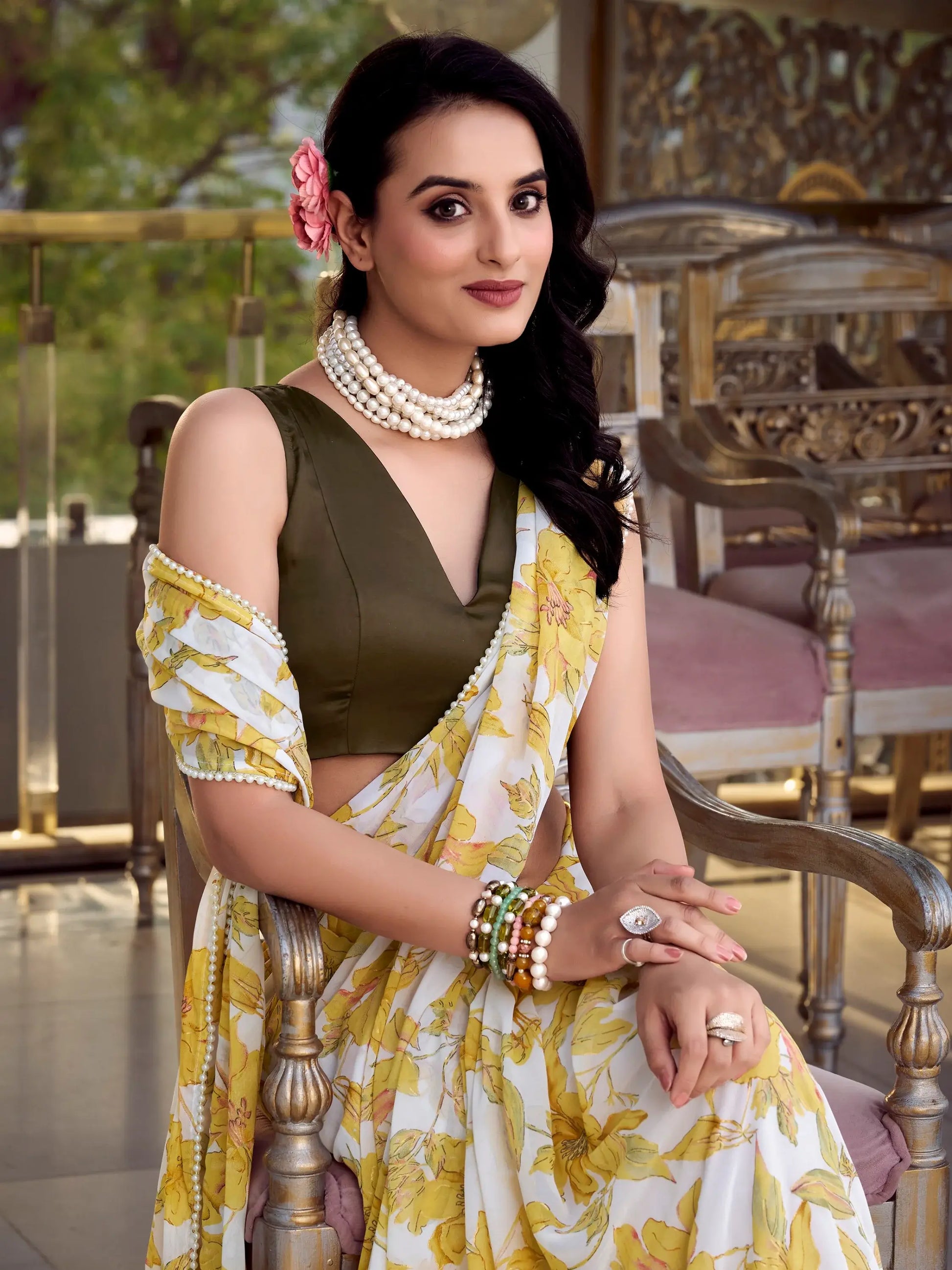 Graceful Yellow Floral Printed Chiffon Traditional Saree With Blouse - Zeel Clothing