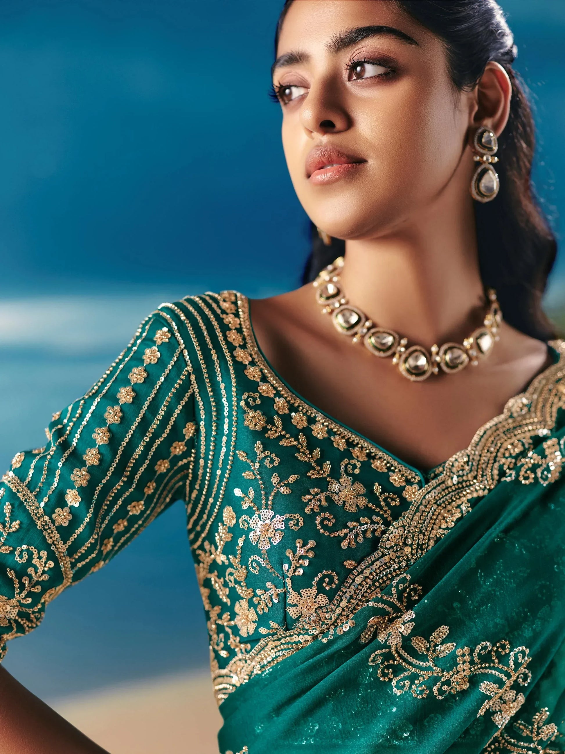 Grand Bottle Green Stone Embroidered Georgette Function Wear Saree With Blouse