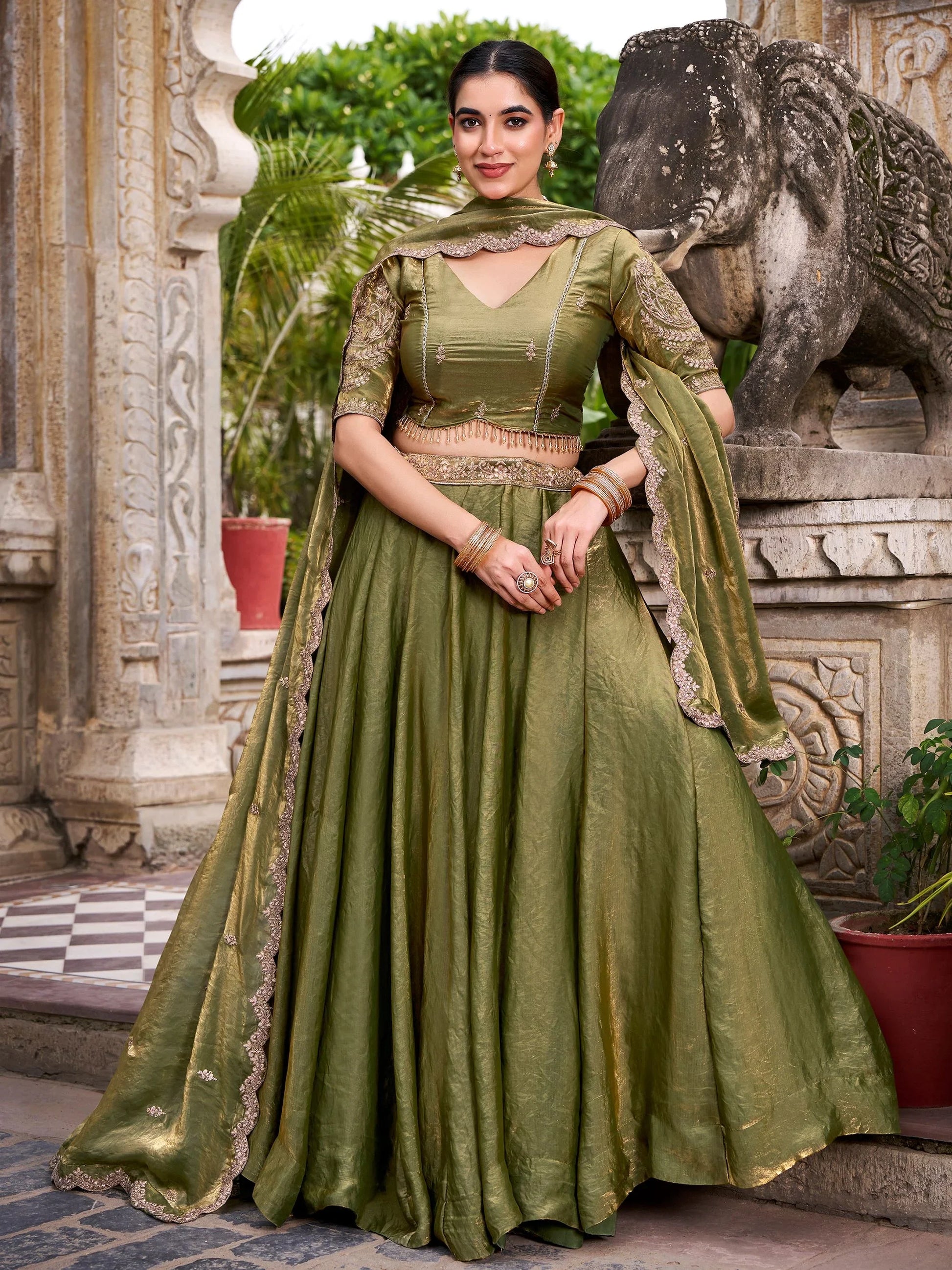 Grand Green Thread Embroidery Organza Mehendi Wear Lehenga Choli