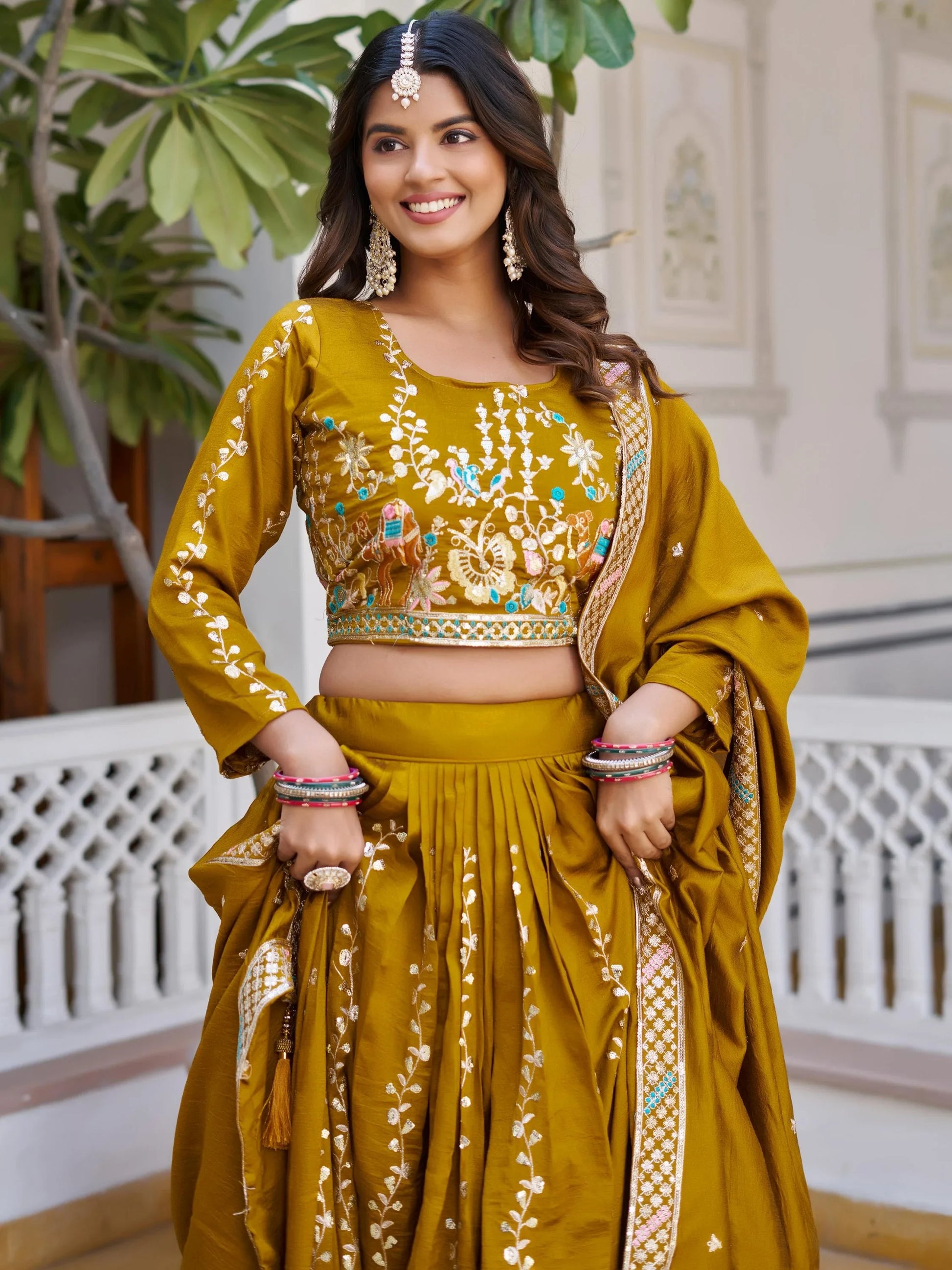 Grand Mustard Yellow Thread Embroidered Silk Festive Wear Lehenga With Blouse