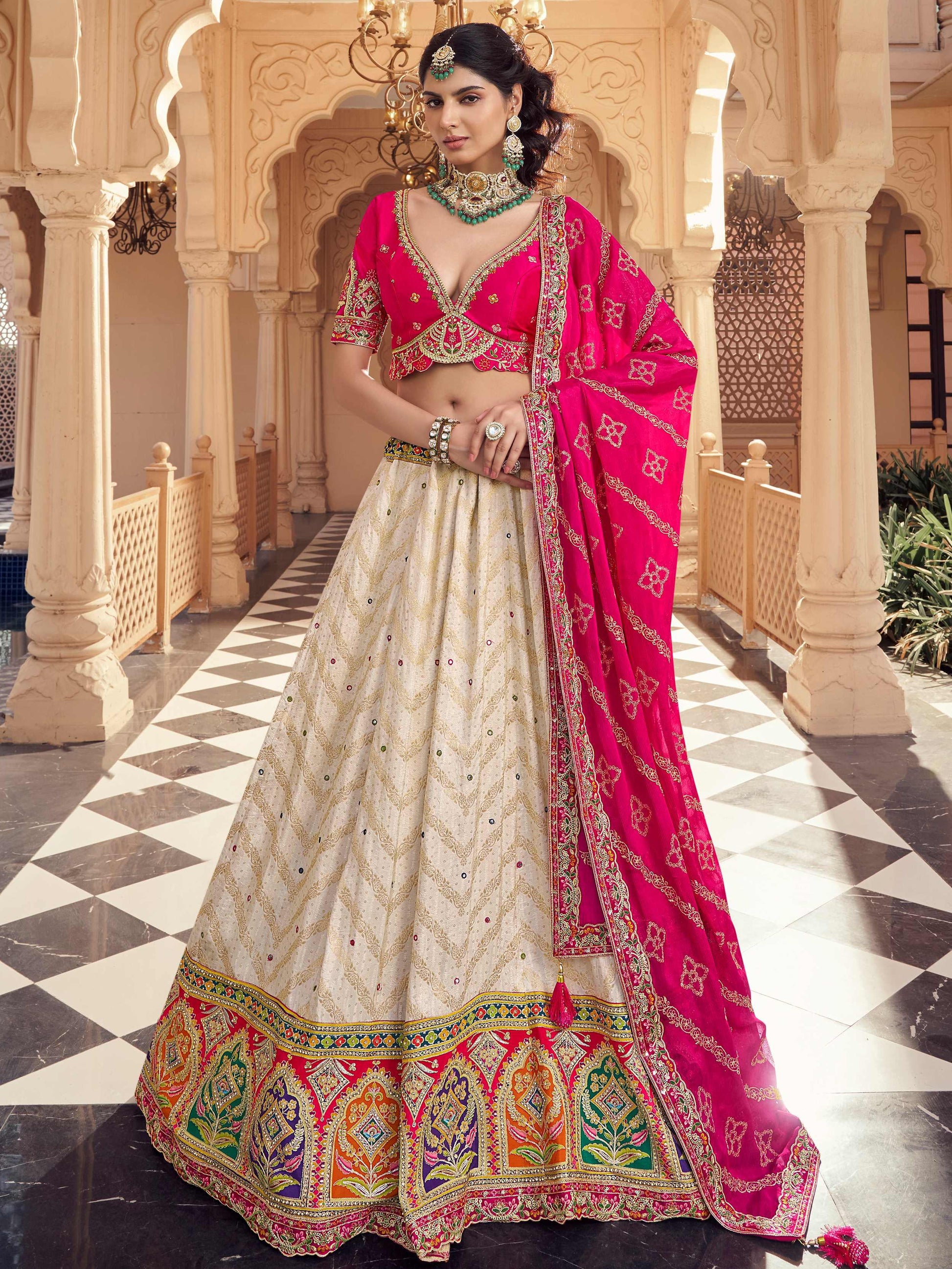 Grand Off-White Zari Weaving Viscose Silk Engagement Wear Lehenga Choli