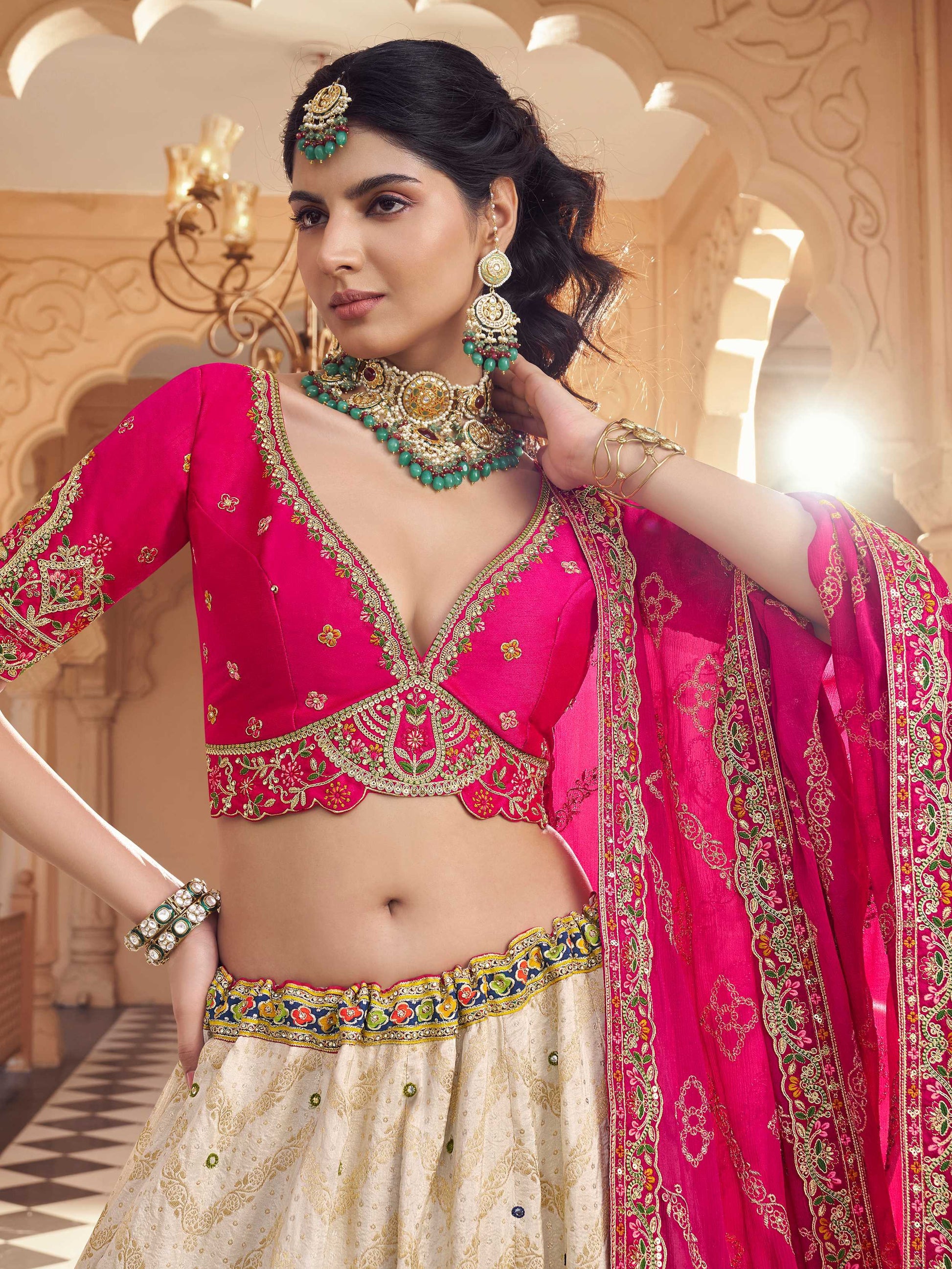 Grand Off-White Zari Weaving Viscose Silk Engagement Wear Lehenga Choli