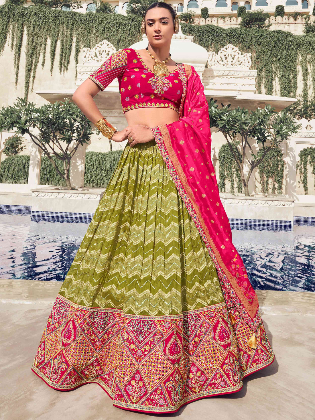 Grand Olive Green Embroidered Organza Function Wear Lehenga With Blouse