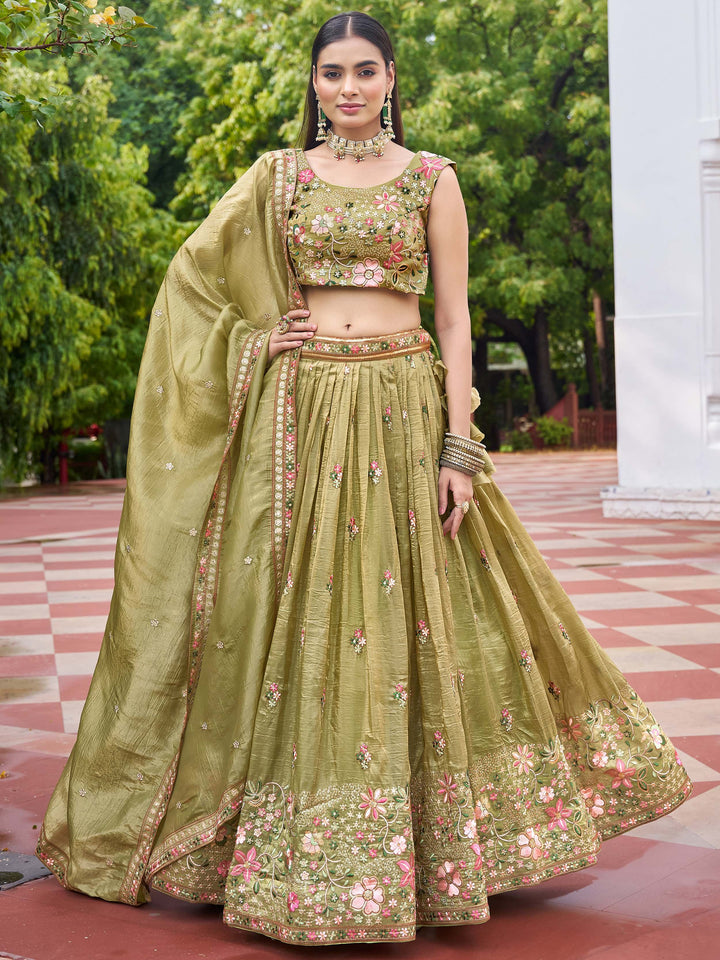 Grand Olive Green Sequins Crushed Mehendi Wear Lehenga Choli With Dupatta