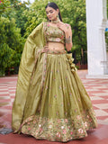 Grand Olive Green Sequins Crushed Mehendi Wear Lehenga Choli With Dupatta