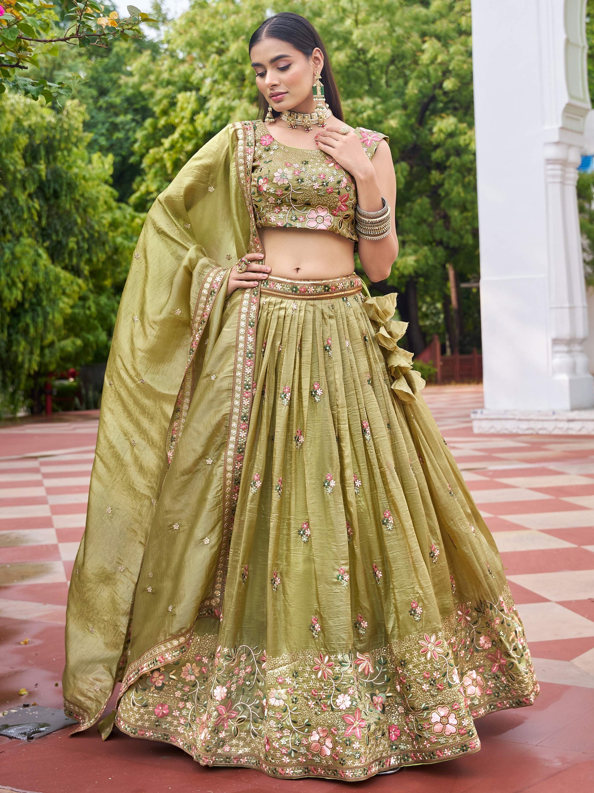 Grand Olive Green Sequins Crushed Mehendi Wear Lehenga Choli With Dupatta