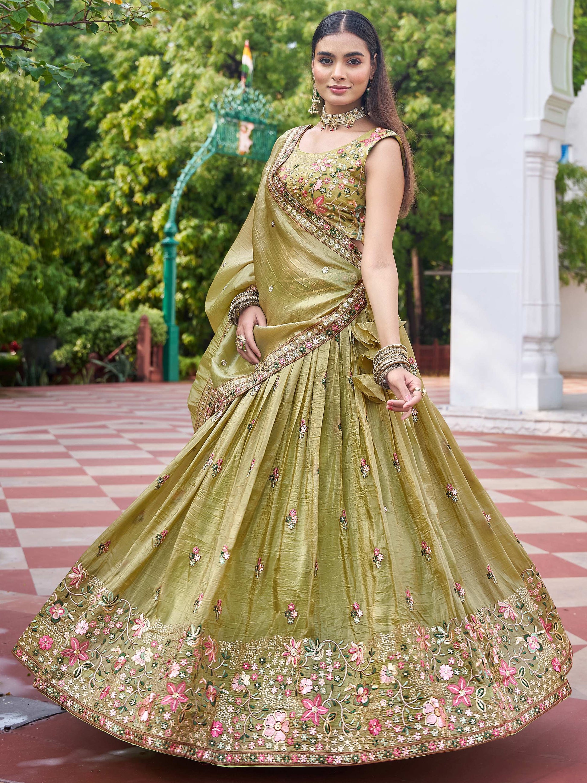 Grand Olive Green Sequins Crushed Mehendi Wear Lehenga Choli With Dupatta
