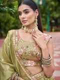 Grand Olive Green Sequins Crushed Mehendi Wear Lehenga Choli With Dupatta