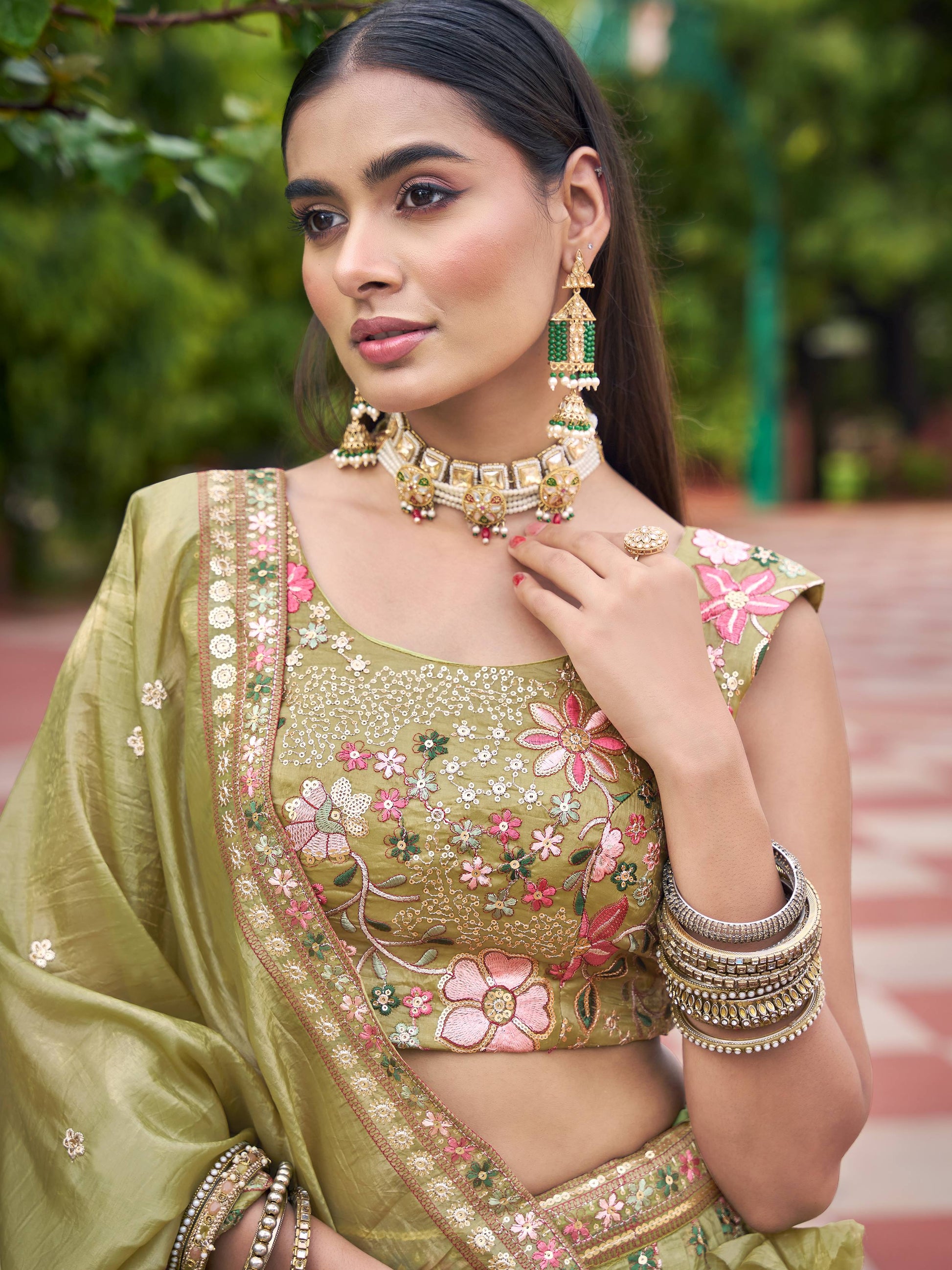 Grand Olive Green Sequins Crushed Mehendi Wear Lehenga Choli With Dupatta