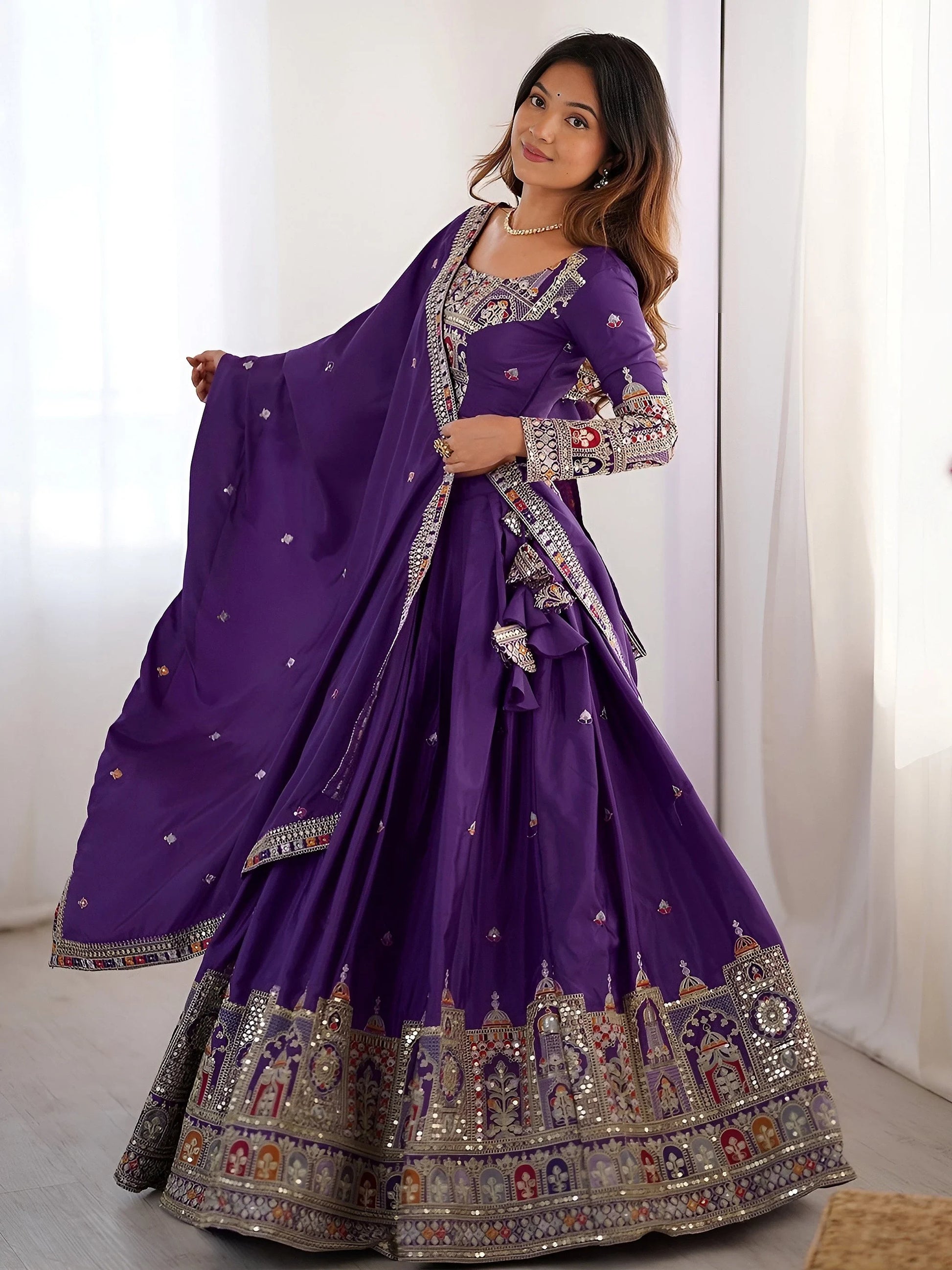 Grand Purple Sequins Embroidery Crepe Silk Evening Wear Lehenga Choli
