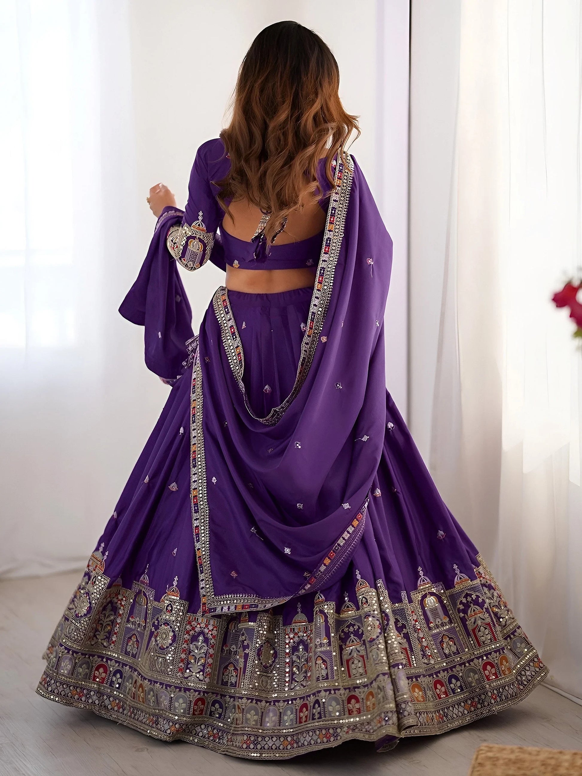 Grand Purple Sequins Embroidery Crepe Silk Evening Wear Lehenga Choli