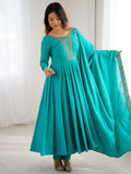 Grand Sky Blue Bead Embroidery Sequins Silk Evening Wear Anarkali Gown With Dupatta