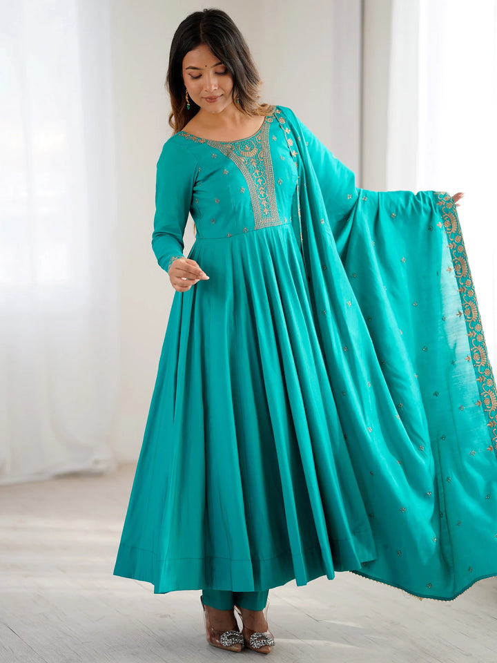 Grand Sky Blue Bead Embroidery Sequins Silk Evening Wear Anarkali Gown With Dupatta