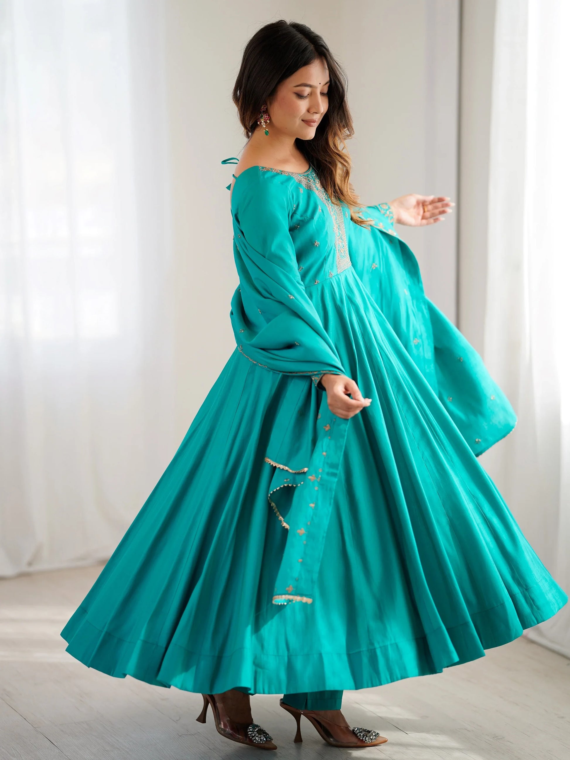 Grand Sky Blue Bead Embroidery Sequins Silk Evening Wear Anarkali Gown With Dupatta