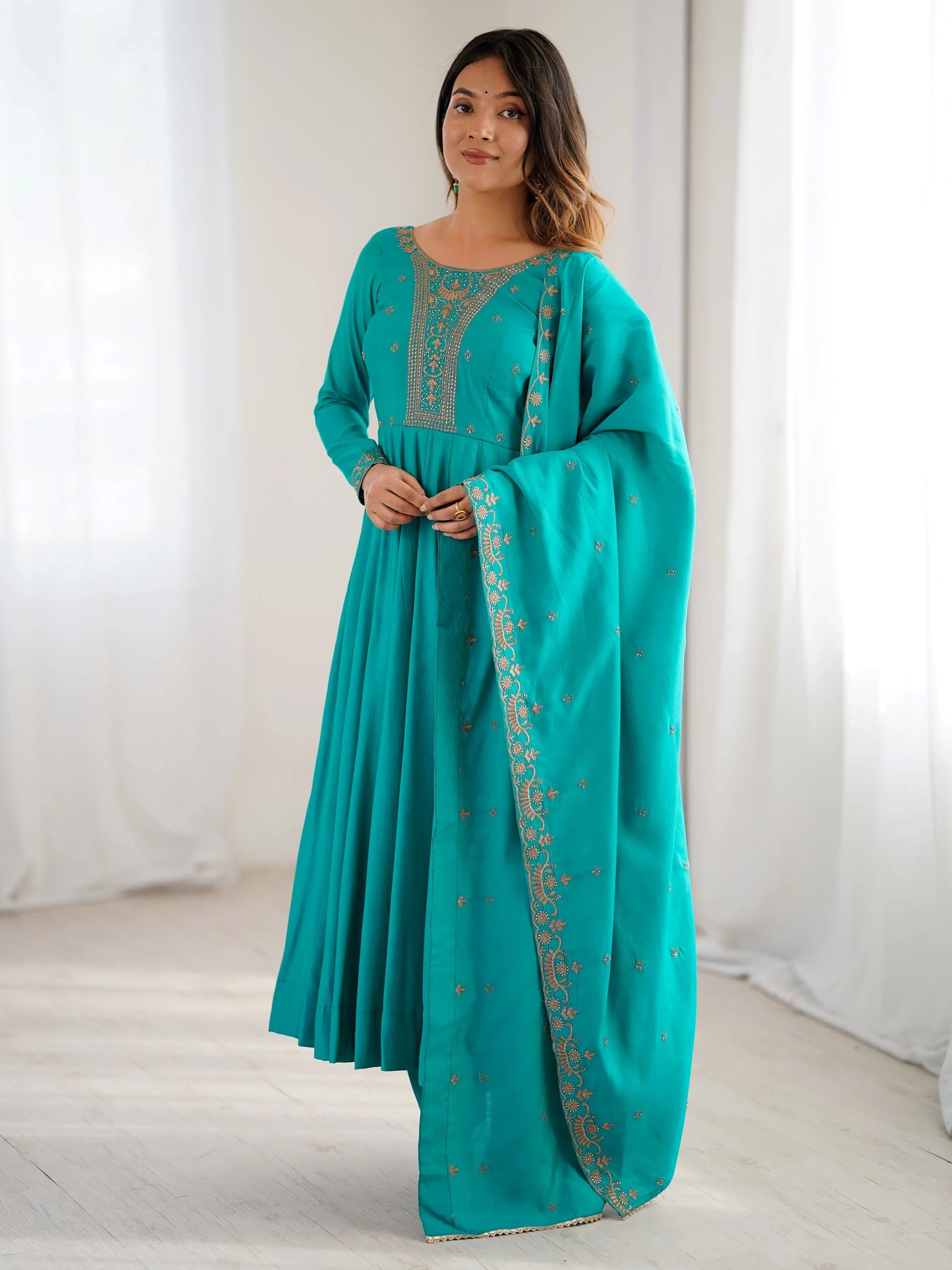Grand Sky Blue Bead Embroidery Sequins Silk Evening Wear Anarkali Gown With Dupatta
