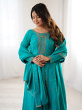Grand Sky Blue Bead Embroidery Sequins Silk Evening Wear Anarkali Gown With Dupatta