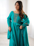 Grand Sky Blue Bead Embroidery Sequins Silk Evening Wear Anarkali Gown With Dupatta