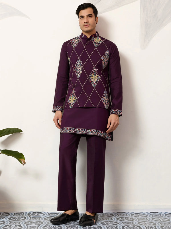 Grand Wine Sequins Viscose Silk Reception Wear Men's Kurta Set With Jacket
