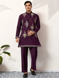 Grand Wine Sequins Viscose Silk Reception Wear Men's Kurta Set With Jacket