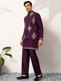 Grand Wine Sequins Viscose Silk Reception Wear Men's Kurta Set With Jacket
