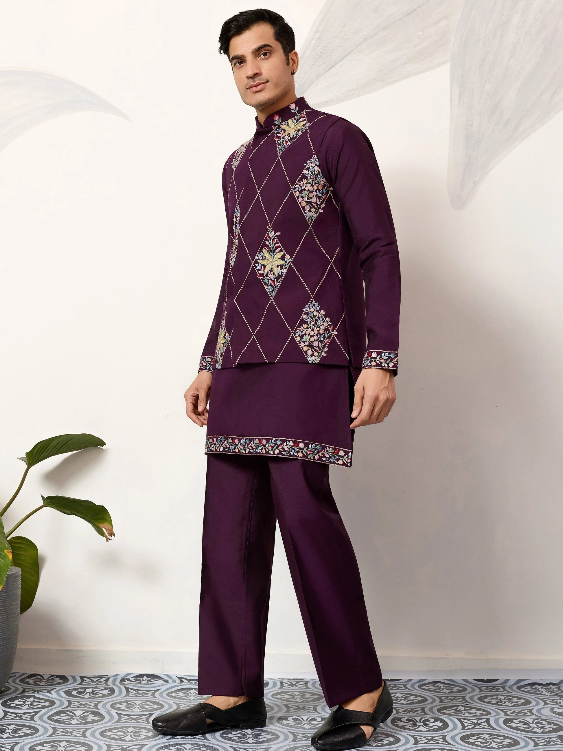 Grand Wine Sequins Viscose Silk Reception Wear Men's Kurta Set With Jacket