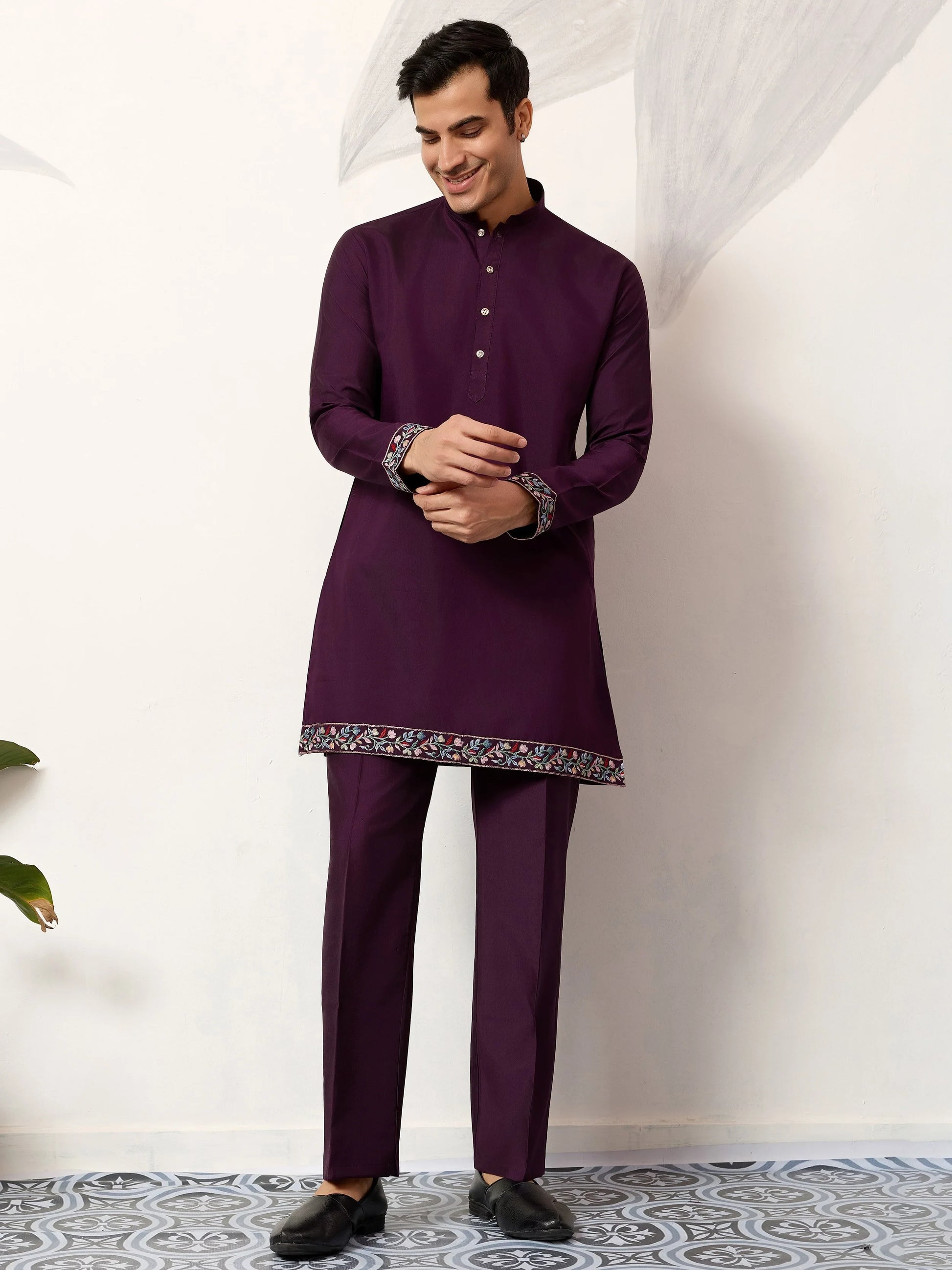 Grand Wine Sequins Viscose Silk Reception Wear Men's Kurta Set With Jacket