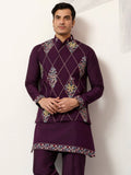 Grand Wine Sequins Viscose Silk Reception Wear Men's Kurta Set With Jacket
