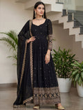 Great Black Zari Embroidered Silk Event Wear Gown With Dupatta