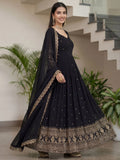 Great Black Zari Embroidered Silk Event Wear Gown With Dupatta