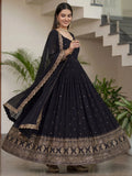 Great Black Zari Embroidered Silk Event Wear Gown With Dupatta